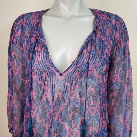 joie Bohemian Sheer Paisley Print Silk Pop Over Blouse Size XXS - Picture 2 of 14
